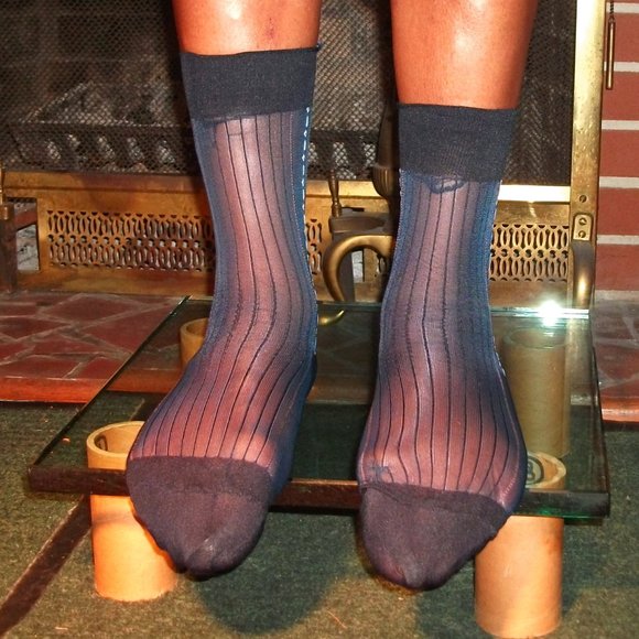 2PR Men's Sheer Navy Thick N Thin with Pattern, Cap Toe Cap Heel Socks -- 10 -13 - Picture 4 of 12